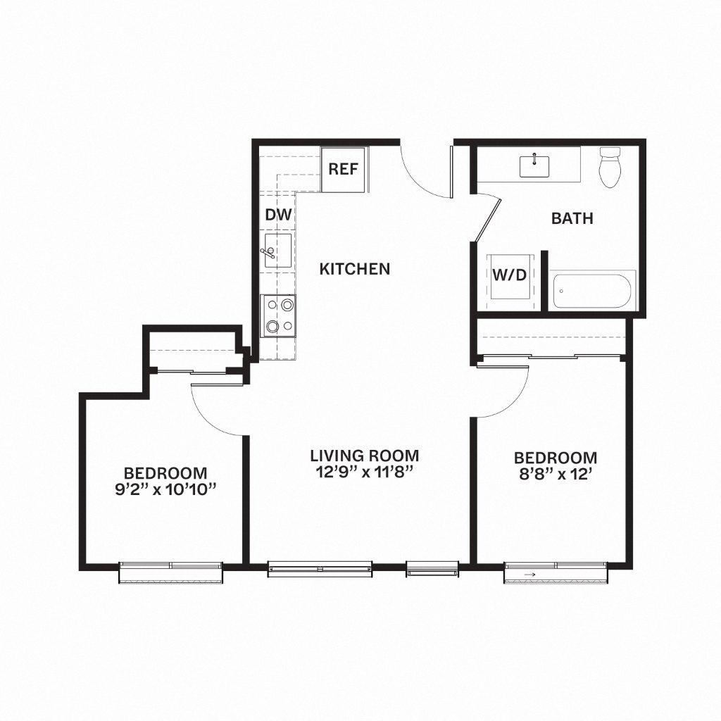 Floor plan for 2 beds, 1 bath, 725 sqft